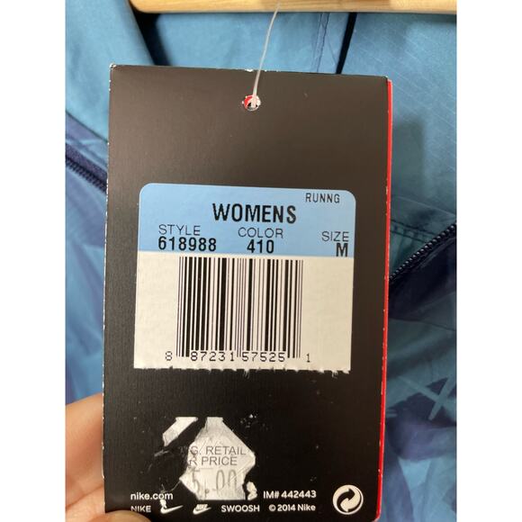 Nike Running Jacket Blue Print Size Medium Womens Windbreaker Hooded Zip Pockets - Picture 4 of 9